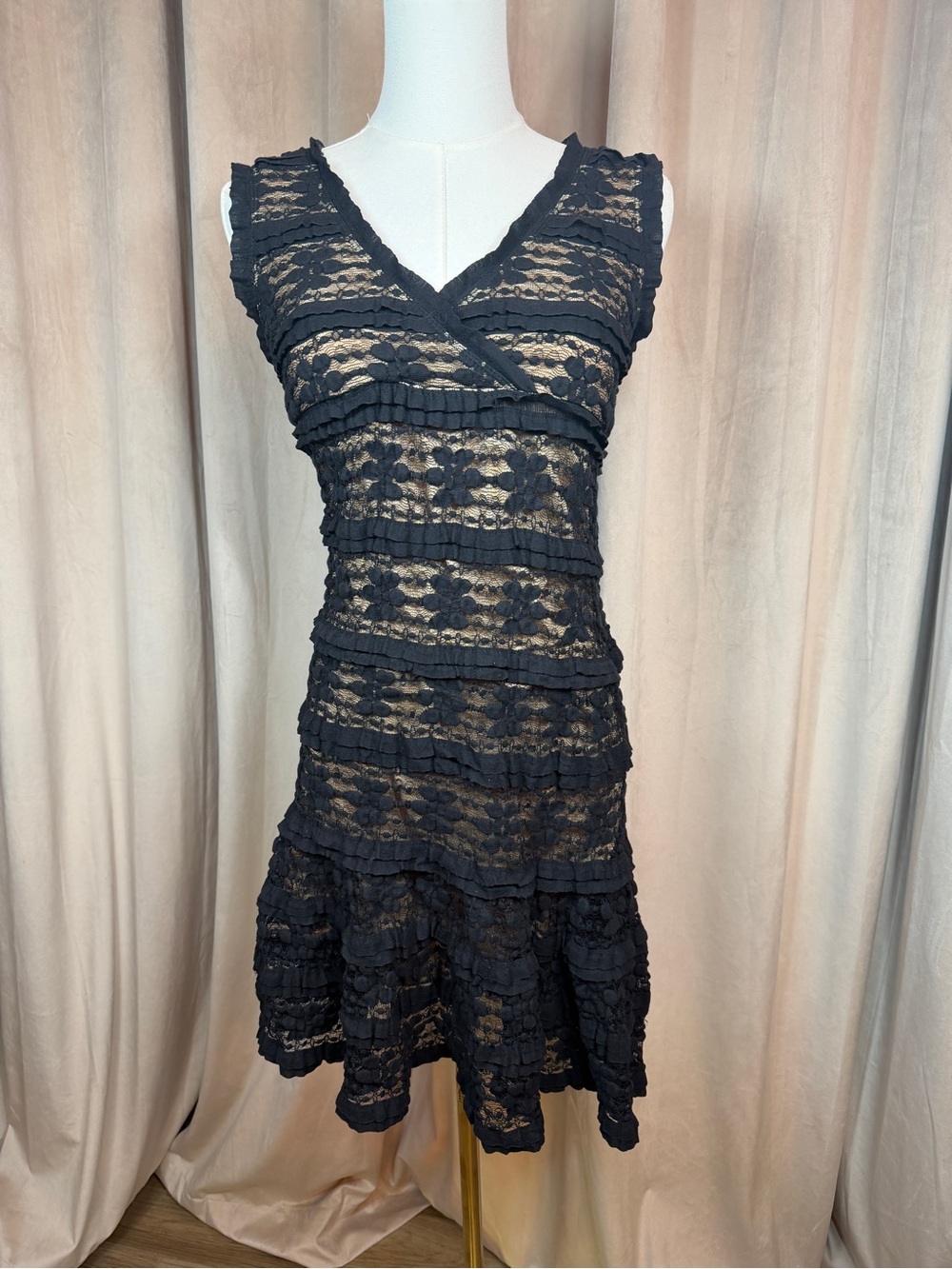 Max Studio Black Lace Ruffle V-Neck Mini Dress